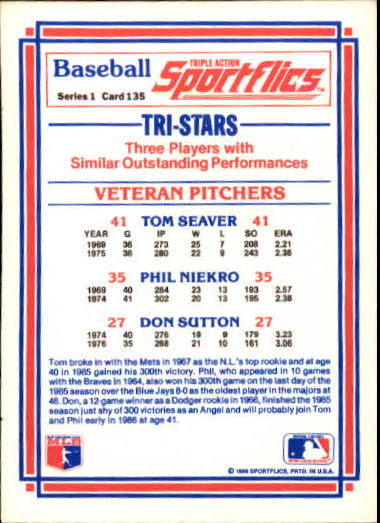 1986 Sportflics #135 Veteran Pitchers Tom Seaver back image