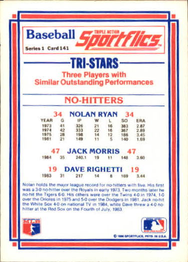 1986 Sportflics #141 No-Hitters Nolan Ryan back image