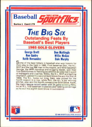 1986 Sportflics #179 1985 Gold Glove back image