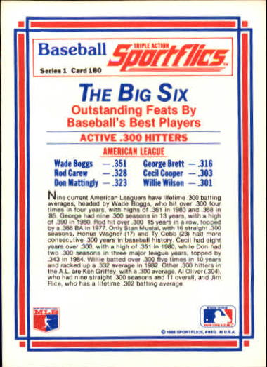 1986 Sportflics #180 Active Lifetime .300 back image