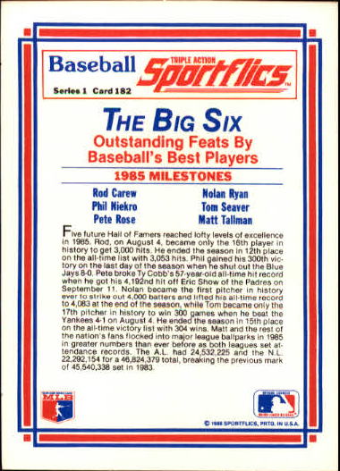 1986 Sportflics #182 1985 Milestones back image
