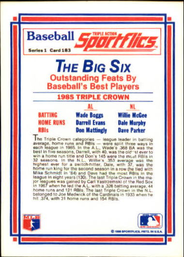 1986 Sportflics #183 1985 Triple Crown back image
