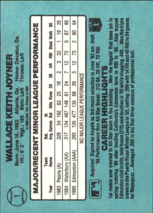 1986 Donruss Rookies #1 Wally Joyner XRC back image