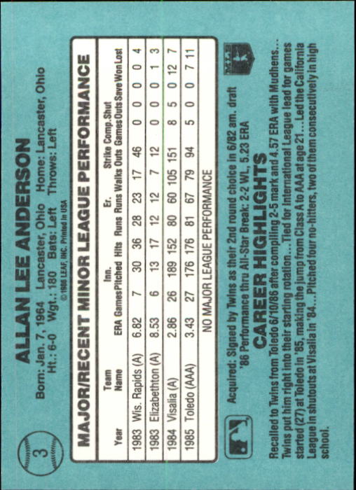 1986 Donruss Rookies #3 Allan Anderson XRC back image