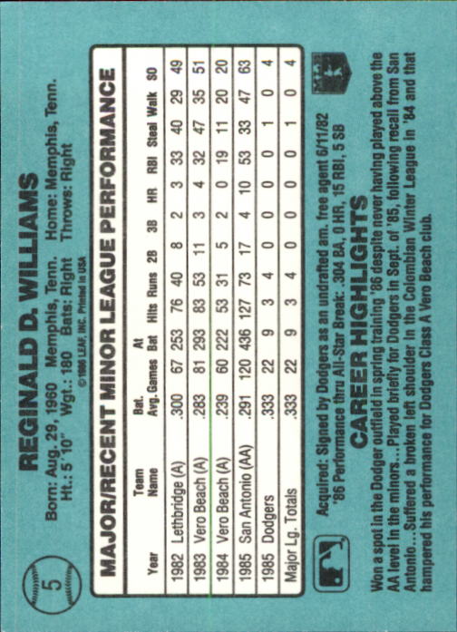 1986 Donruss Rookies #5 Reggie Williams back image