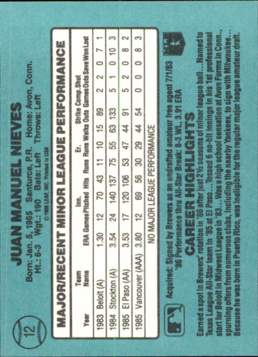 1986 Donruss Rookies #12 Juan Nieves back image