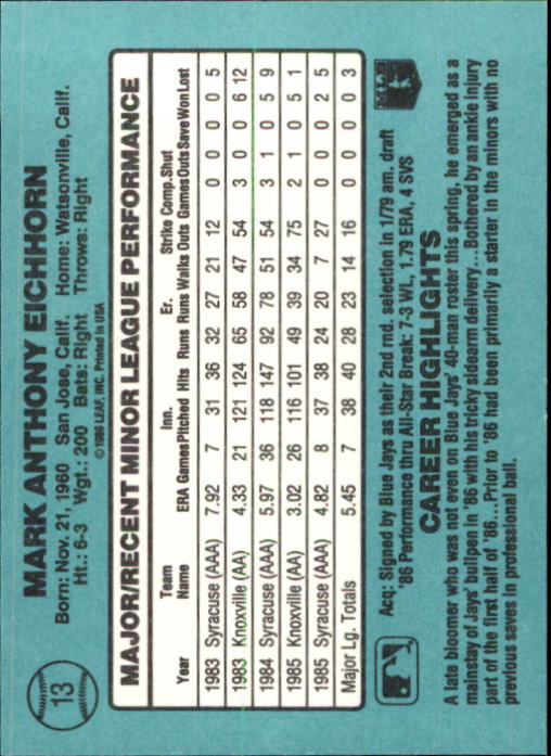 1986 Donruss Rookies #13 Mark Eichhorn back image
