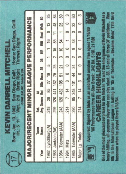 1986 Donruss Rookies #17 Kevin Mitchell XRC back image