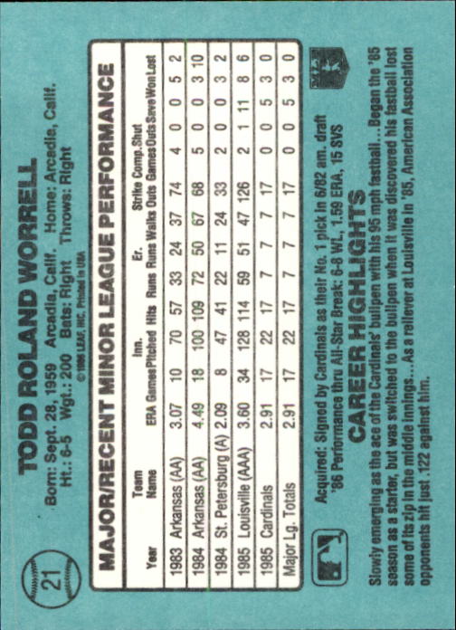 1986 Donruss Rookies #21 Todd Worrell back image