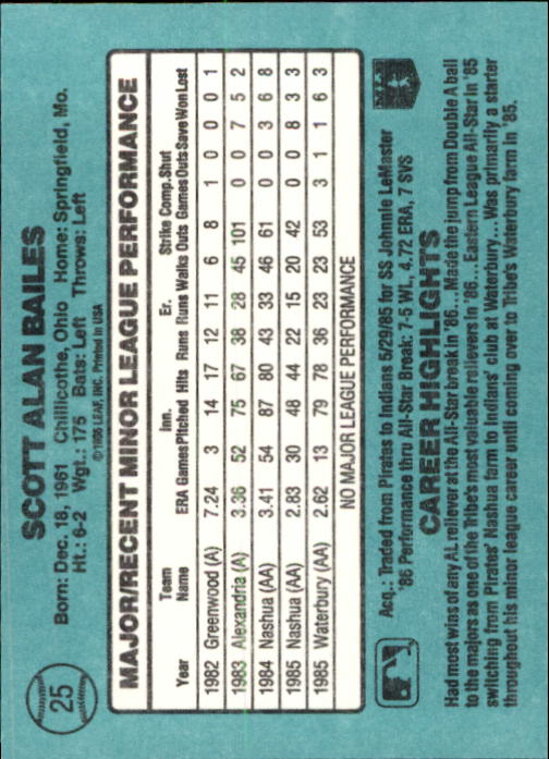 1986 Donruss Rookies #25 Scott Bailes back image