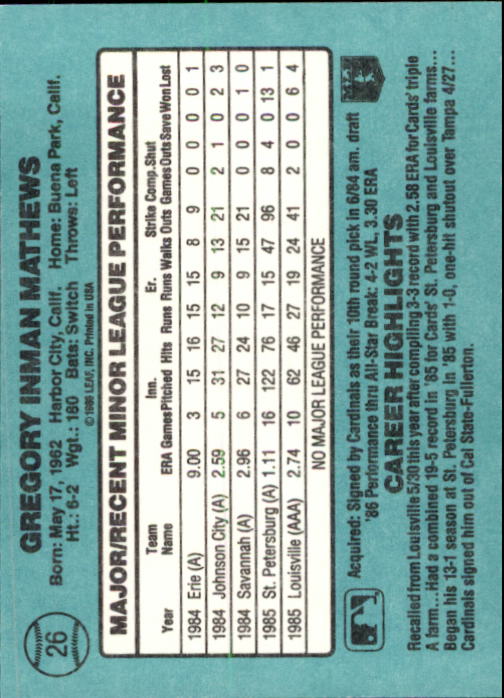 1986 Donruss Rookies #26 Greg Mathews back image