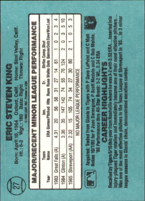 1986 Donruss Rookies #27 Eric King back image
