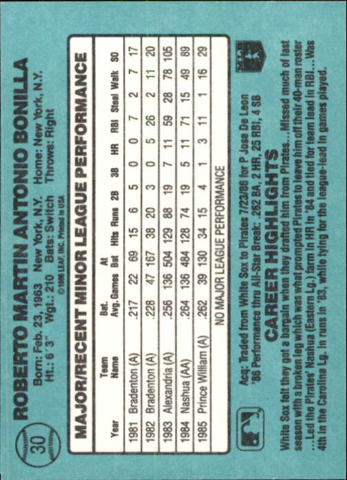 1986 Donruss Rookies #30 Bobby Bonilla XRC back image