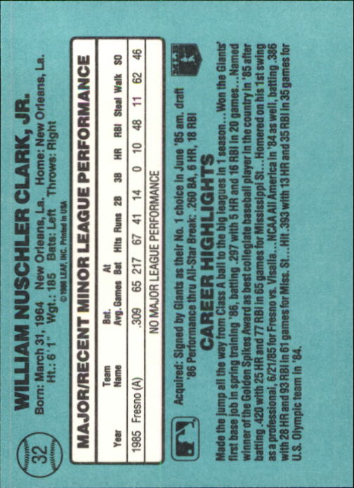 1986 Donruss Rookies #32 Will Clark XRC back image