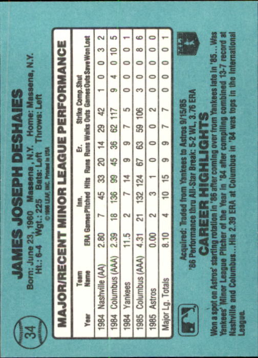 1986 Donruss Rookies #34 Jim Deshaies XRC back image