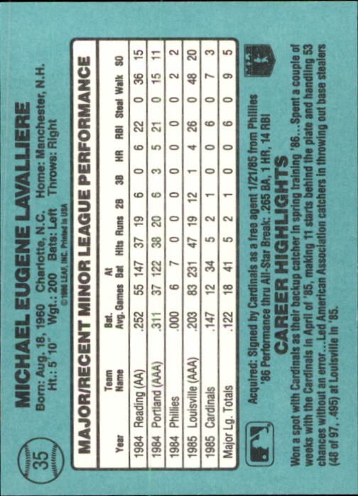 1986 Donruss Rookies #35 Mike LaValliere XRC back image
