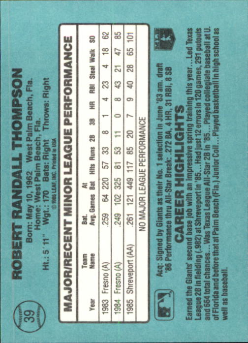 1986 Donruss Rookies #39 Robby Thompson XRC back image