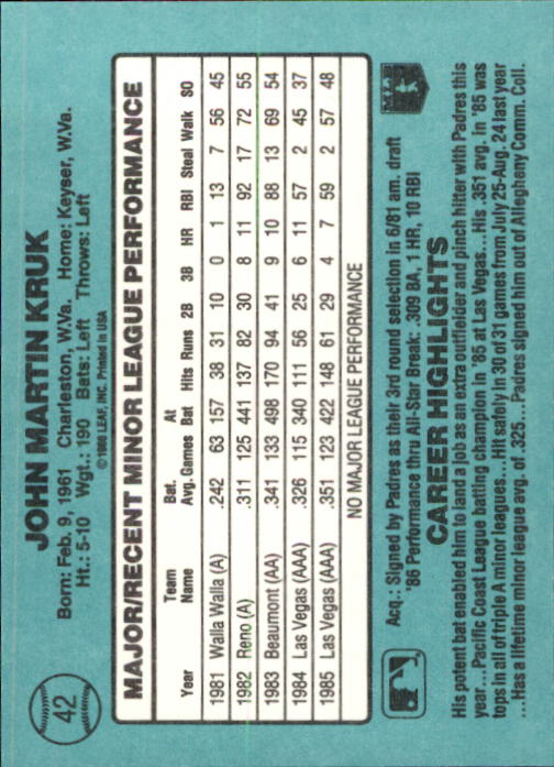 1986 Donruss Rookies #42 John Kruk XRC back image