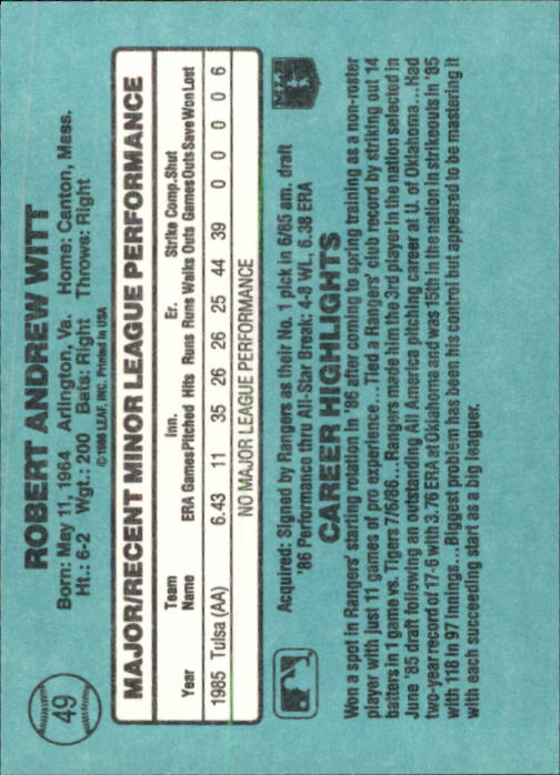 1986 Donruss Rookies #49 Bobby Witt XRC back image