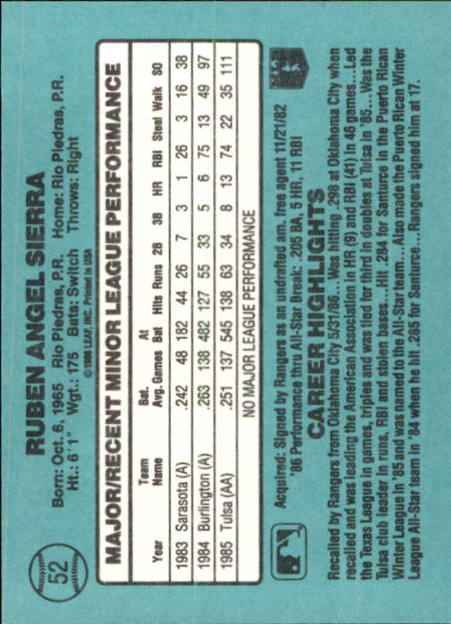 1986 Donruss Rookies #52 Ruben Sierra XRC back image