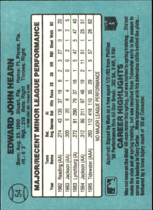 1986 Donruss Rookies #54 Ed Hearn XRC back image