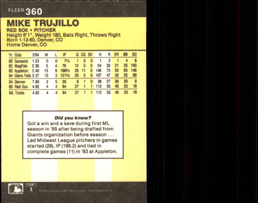 1986 Fleer #360 Mike Trujillo back image