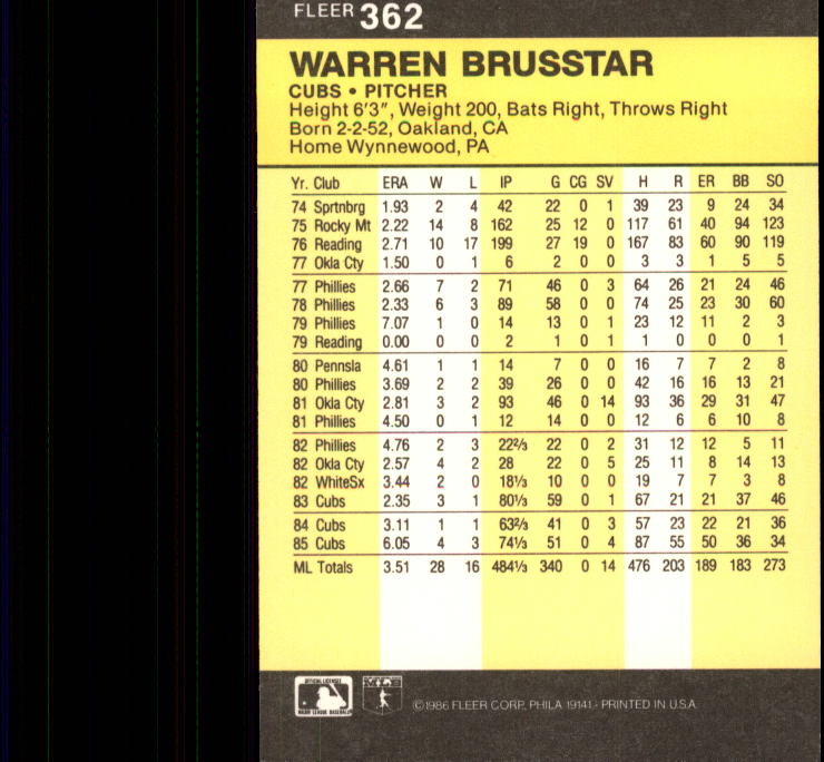 1986 Fleer #362 Warren Brusstar back image