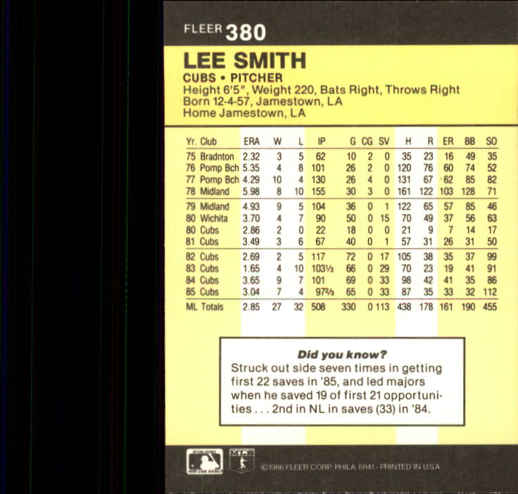 1986 Fleer #380 Lee Smith back image