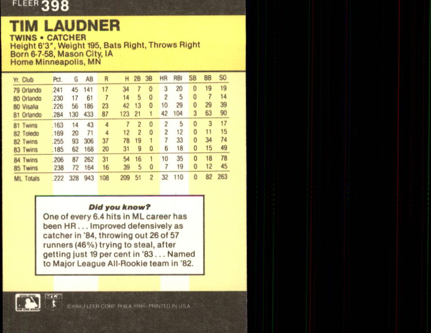 1986 Fleer #398 Tim Laudner back image