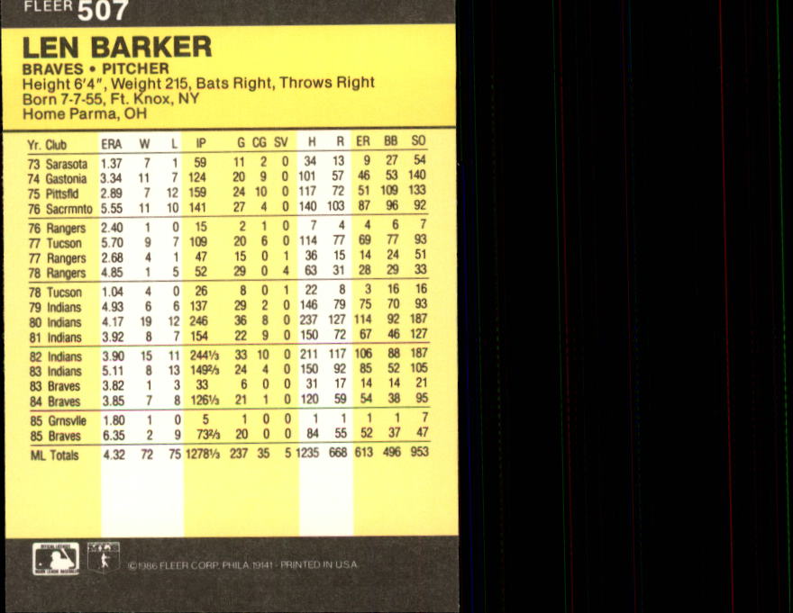 1986 Fleer #507 Len Barker back image