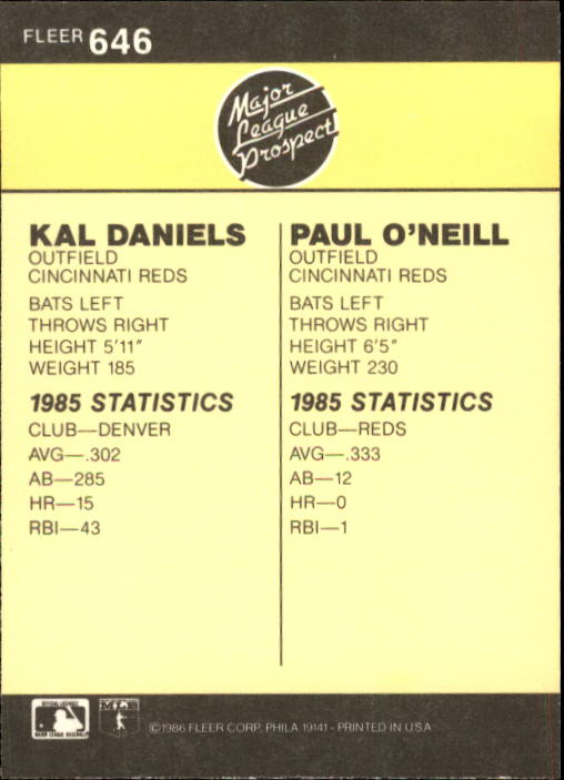 1986 Fleer #646 Paul O'Neill RC back image