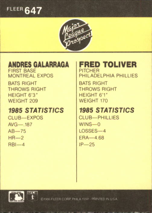 1986 Fleer #647 Andres Galarraga RC back image