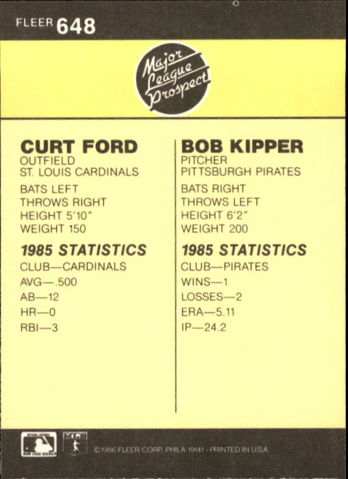 1986 Fleer #648 B.Kipper/C.Ford RC back image
