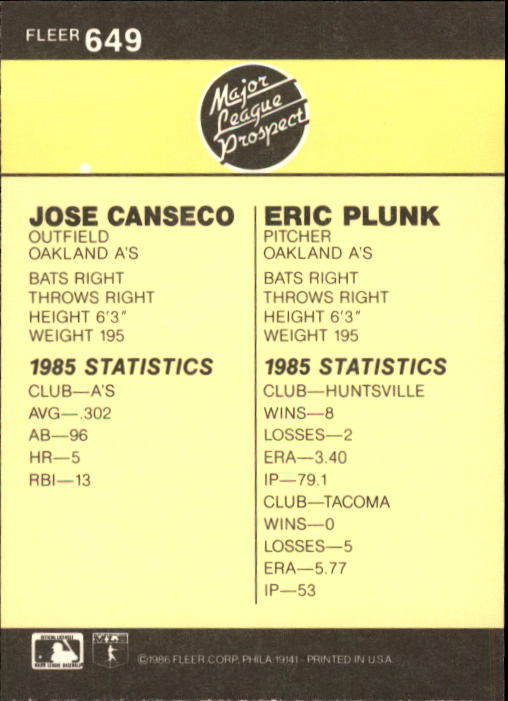 1986 Fleer #649 Jose Canseco RC back image