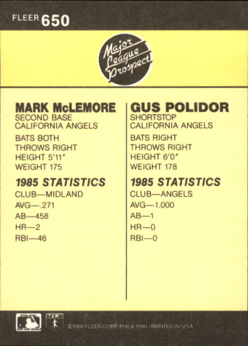 1986 Fleer #650 Mark McLemore RC back image