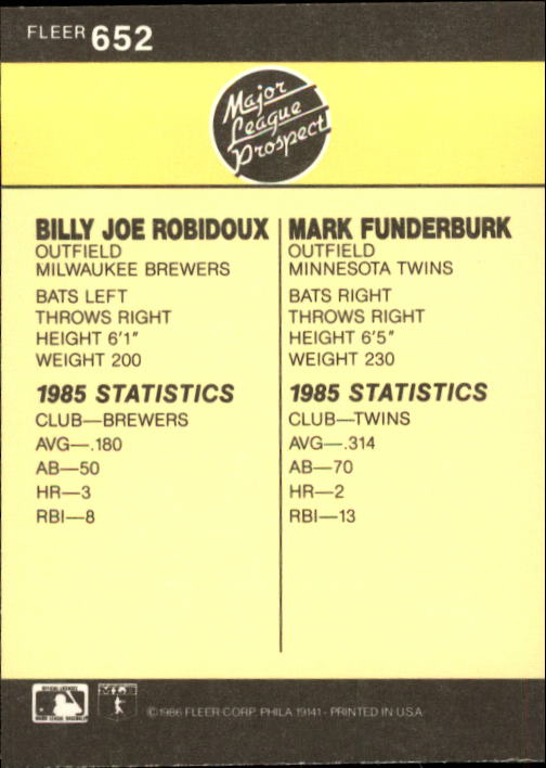 1986 Fleer #652 B.Robidoux/M.Funderburk RC back image