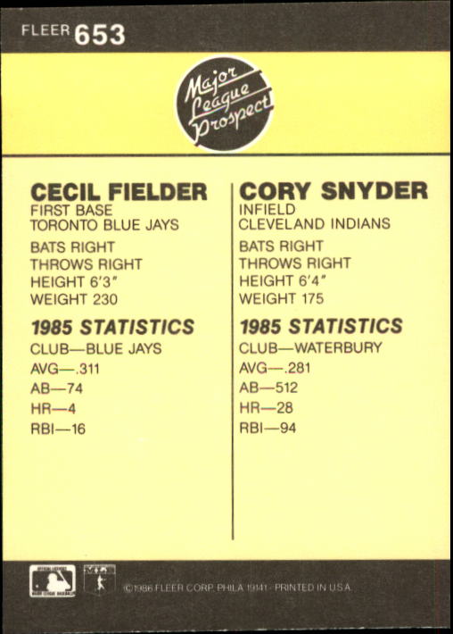 1986 Fleer #653 Cecil Fielder RC back image