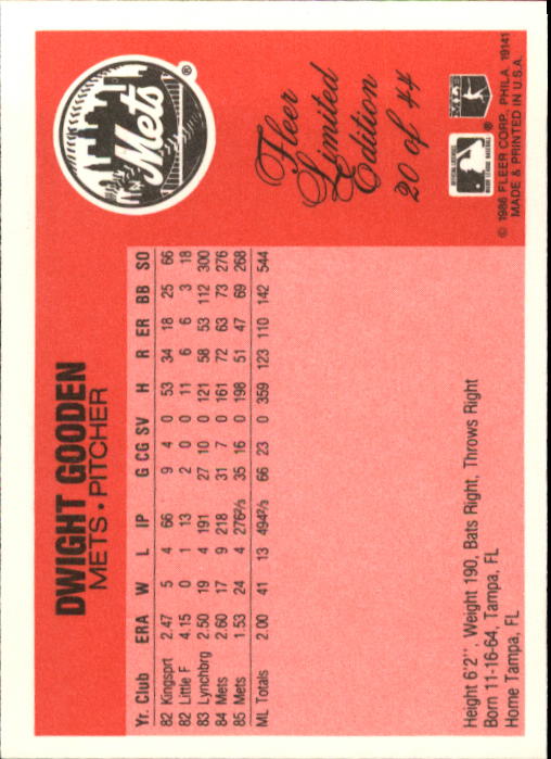 1986 Fleer Limited Edition #20 Dwight Gooden back image