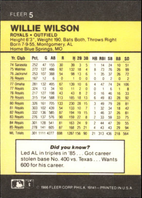 1986 Fleer Mini #5 Willie Wilson back image
