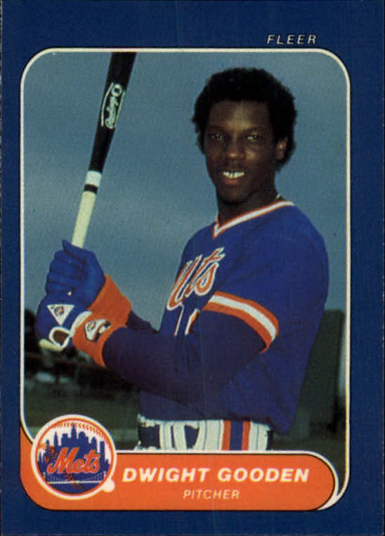 1986 Fleer Mini #19A Dwight Gooden/(R on Mets logo)