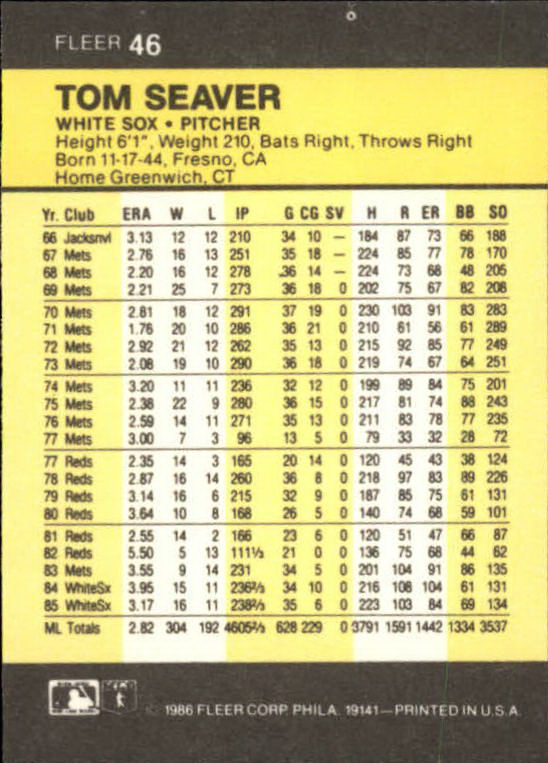 1986 Fleer Mini #46 Tom Seaver back image