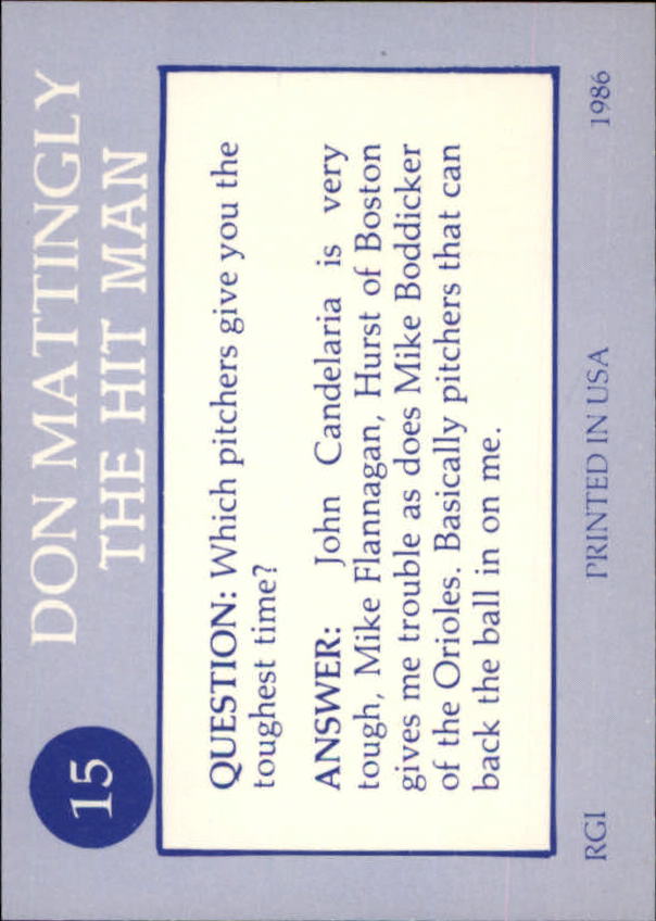 1986 Galasso Mattingly #15 Don Mattingly/Nashville Sounds back image