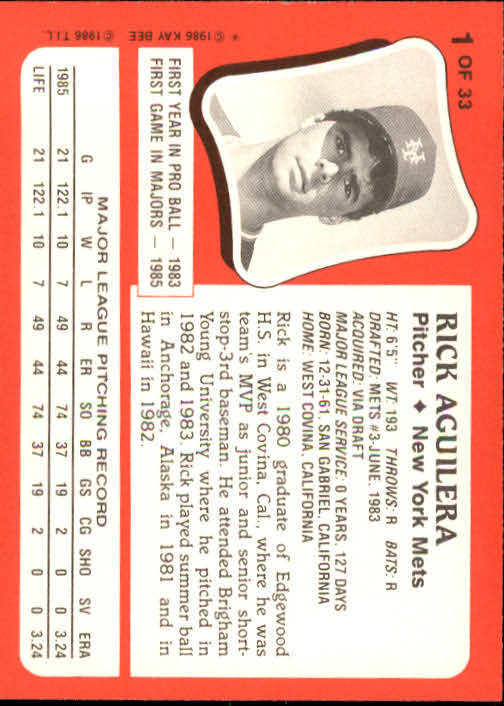 B5684- 1986 Kay-bee Baseball Card #s 1-33 -You Pick- 15+ FREE US SHIP