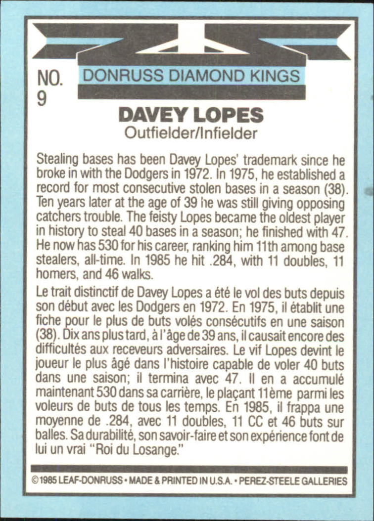 1986 Leaf/Donruss #9 Davey Lopes DK back image