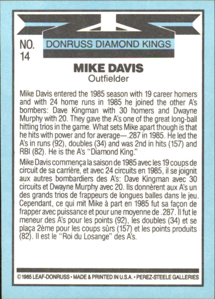 1986 Leaf/Donruss #14 Mike Davis DK back image