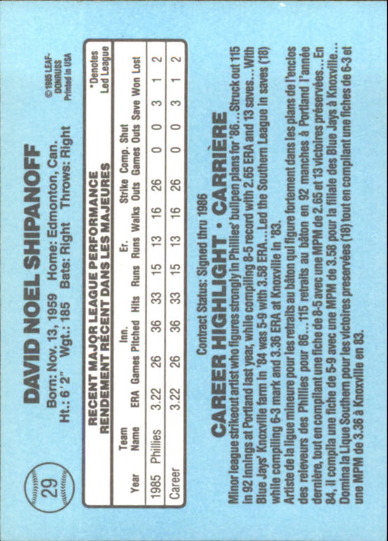 1986 Leaf/Donruss #29 Dave Shipanoff RR back image