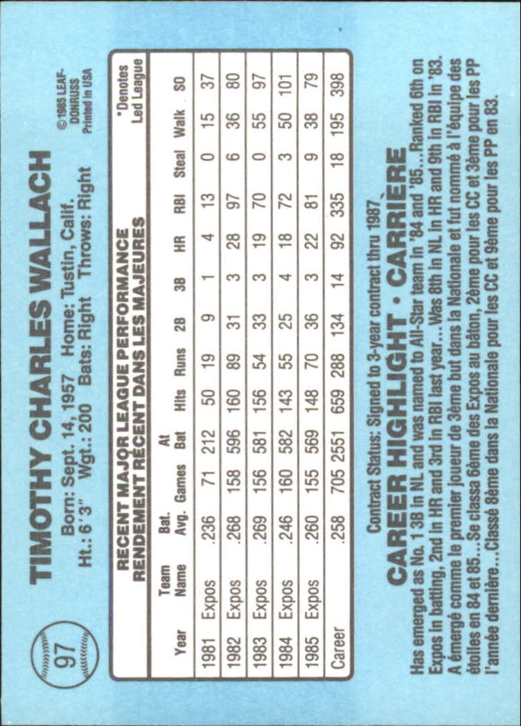 1986 Leaf/Donruss #97 Tim Wallach back image