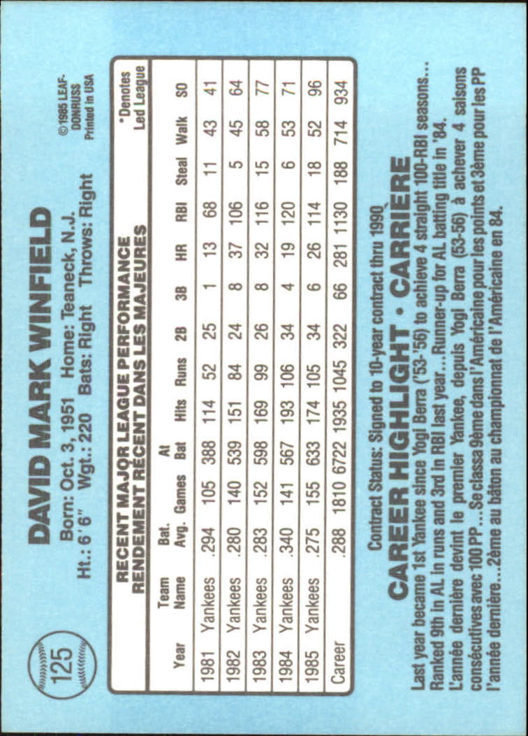 1986 Leaf/Donruss #125 Dave Winfield back image