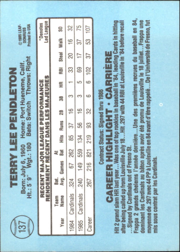 1986 Leaf/Donruss #137 Terry Pendleton back image