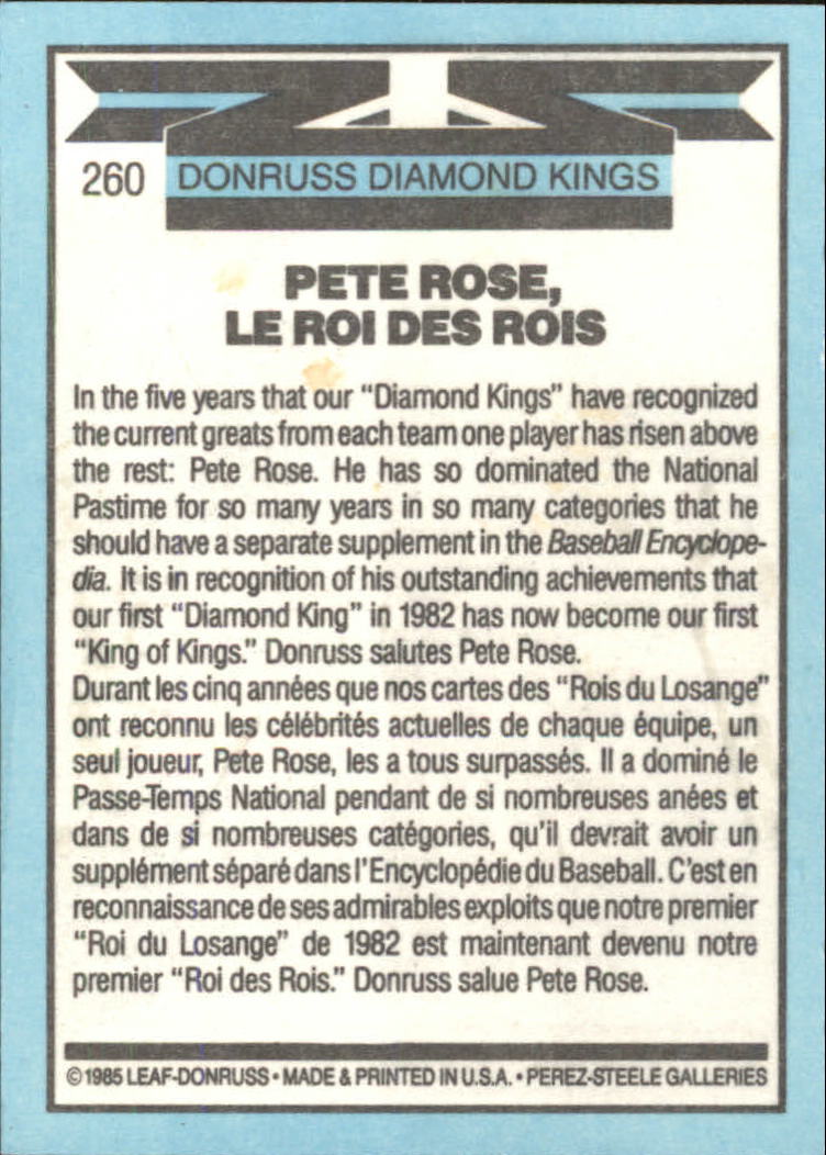 1986 Leaf/Donruss #260 Pete Rose/King Of Kings back image